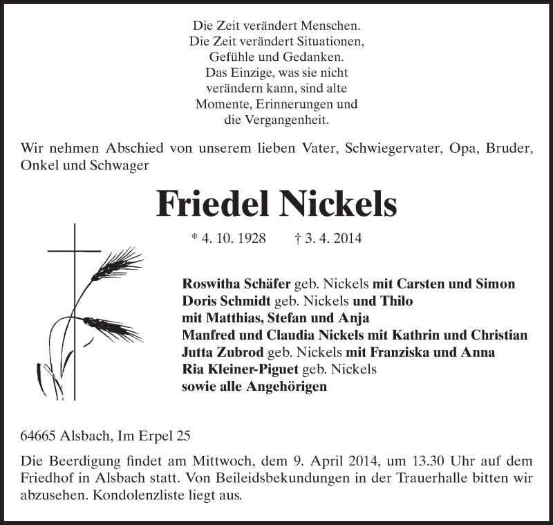  Traueranzeige für Friedel Nickels vom 05.04.2014 aus Echo-Zeitungen (Gesamtausgabe)