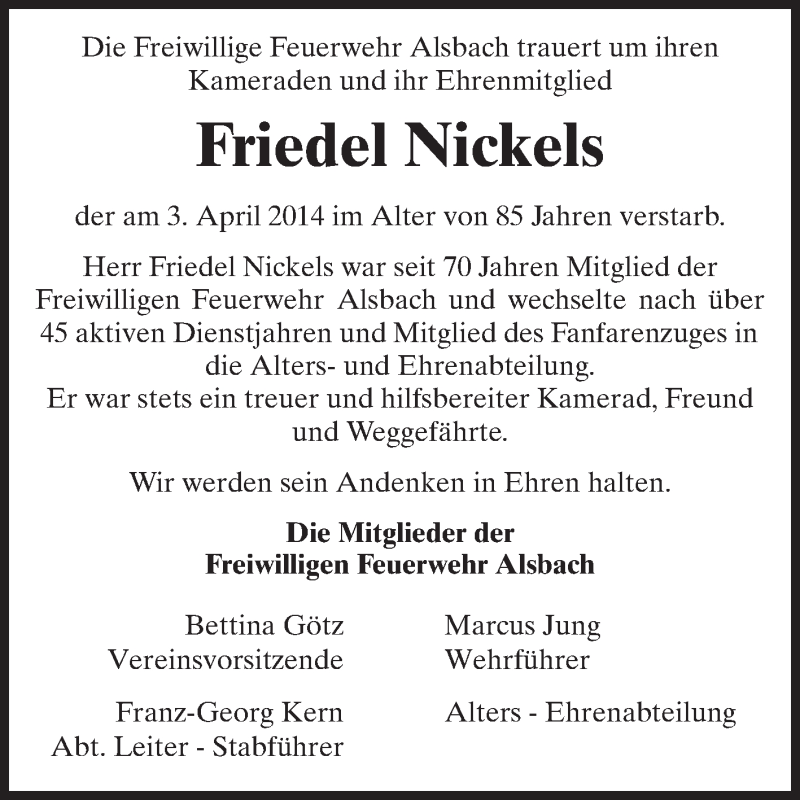  Traueranzeige für Friedel Nickels vom 05.04.2014 aus Echo-Zeitungen (Gesamtausgabe)