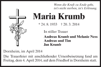 Traueranzeige von Maria Krumb von Rüsselsheimer Echo, Groß-Gerauer-Echo, Ried Echo