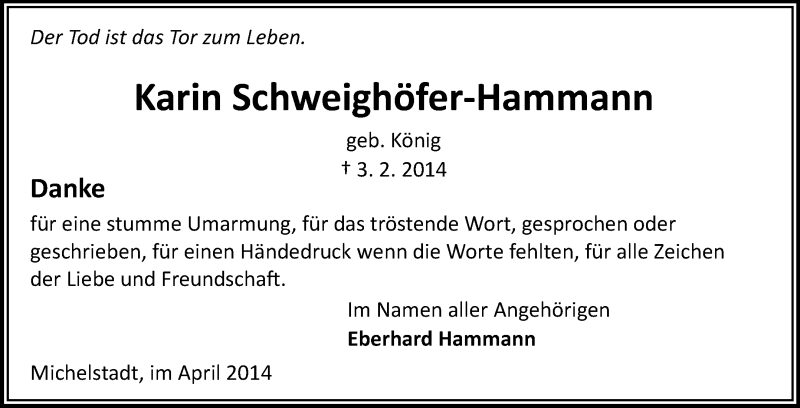  Traueranzeige für Karin Schweighöfer-Hammann vom 05.04.2014 aus Odenwälder Echo