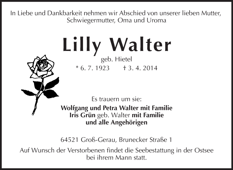  Traueranzeige für Lilly Walter vom 09.04.2014 aus Rüsselsheimer Echo, Groß-Gerauer-Echo, Ried Echo