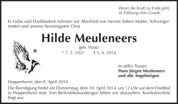 Traueranzeige von Hilde Meuleneers von Starkenburger Echo
