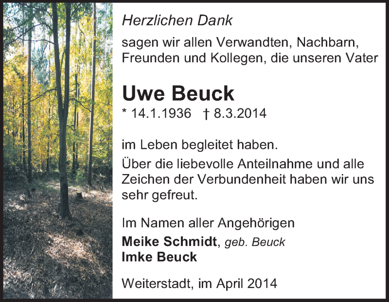  Traueranzeige für Uwe Beuck vom 12.04.2014 aus Echo-Zeitungen (Gesamtausgabe)