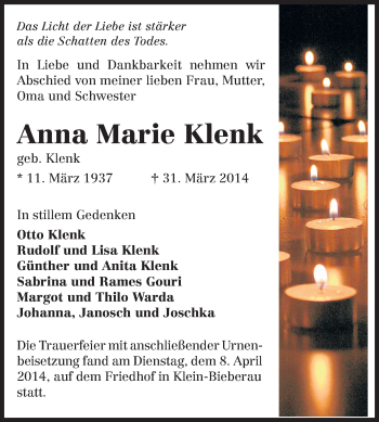 Traueranzeige von Anna Marie Klenk von Echo-Zeitungen (Gesamtausgabe)