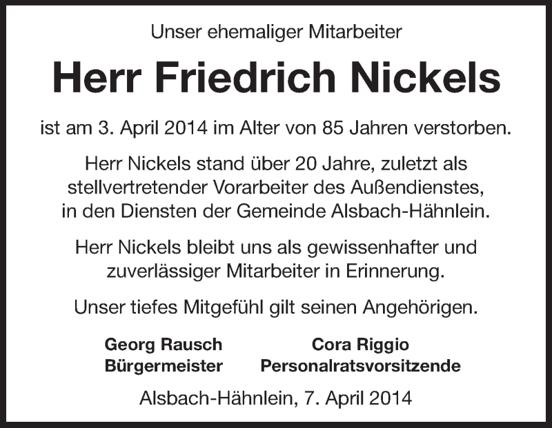  Traueranzeige für Friedrich Nickels vom 08.04.2014 aus Echo-Zeitungen (Gesamtausgabe)