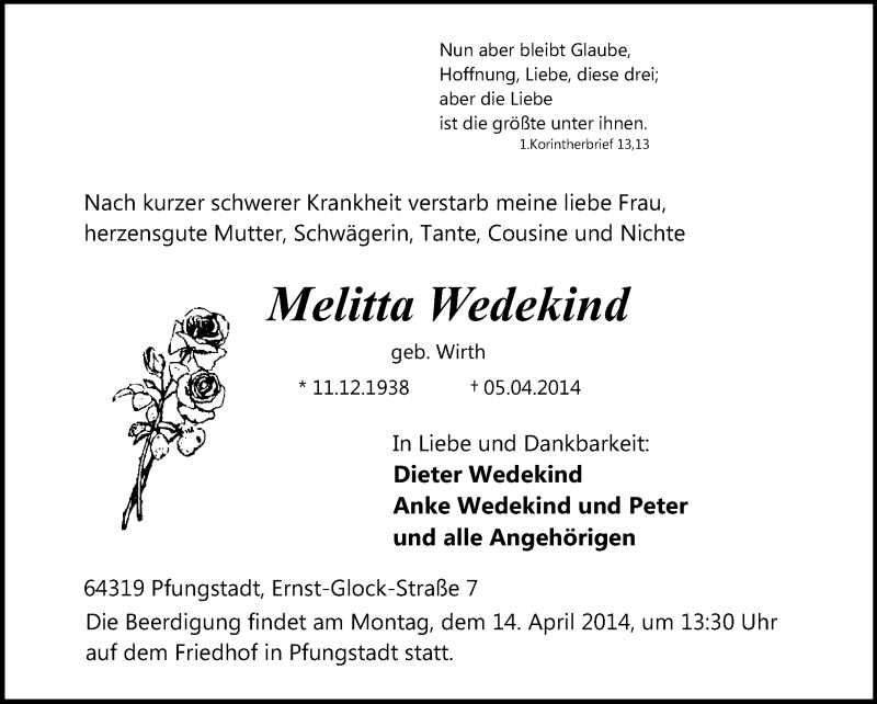  Traueranzeige für Melitta Wedekind vom 09.04.2014 aus Echo-Zeitungen (Gesamtausgabe)