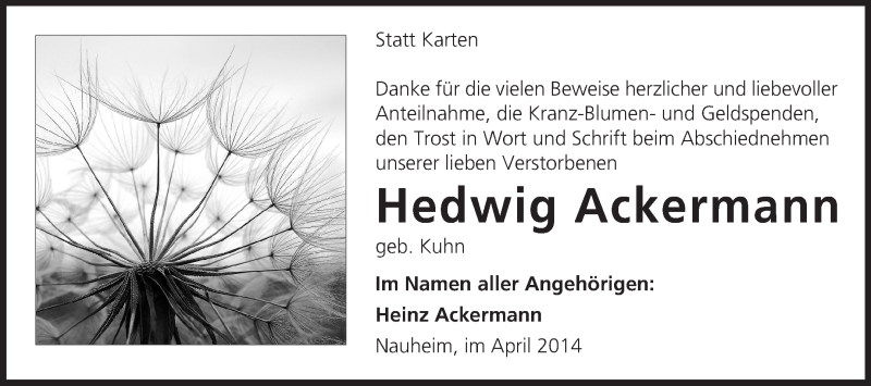  Traueranzeige für Hedwig Ackermann vom 12.04.2014 aus Rüsselsheimer Echo, Groß-Gerauer-Echo, Ried Echo