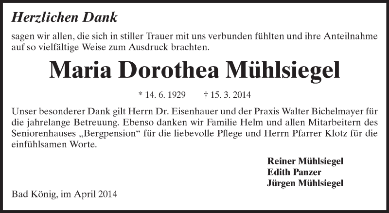  Traueranzeige für Maria Dorothea Mühlsiegel vom 12.04.2014 aus Odenwälder Echo