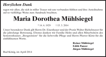 Traueranzeige von Maria Dorothea Mühlsiegel von Odenwälder Echo