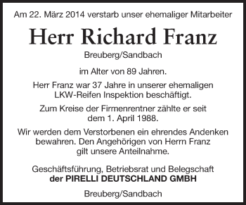 Traueranzeige von Richard Franz von Odenwälder Echo