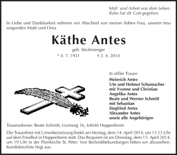 Traueranzeige von Käthe Antes von Starkenburger Echo
