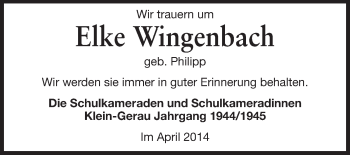 Traueranzeige von Elke Wingenbach von Rüsselsheimer Echo, Groß-Gerauer-Echo, Ried Echo