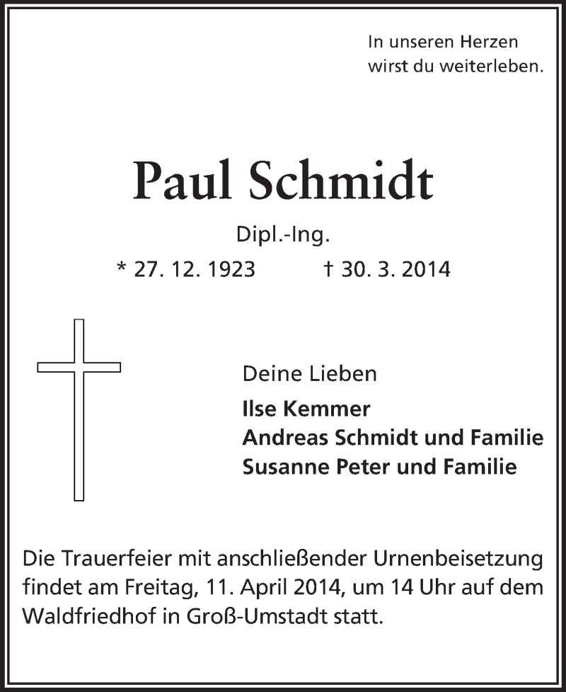  Traueranzeige für Paul Schmidt vom 08.04.2014 aus Echo-Zeitungen (Gesamtausgabe)