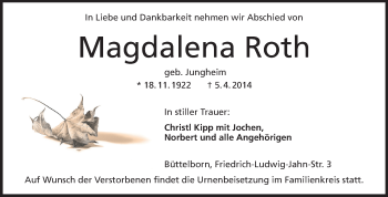 Traueranzeige von Magdalena Roth von Rüsselsheimer Echo, Groß-Gerauer-Echo, Ried Echo