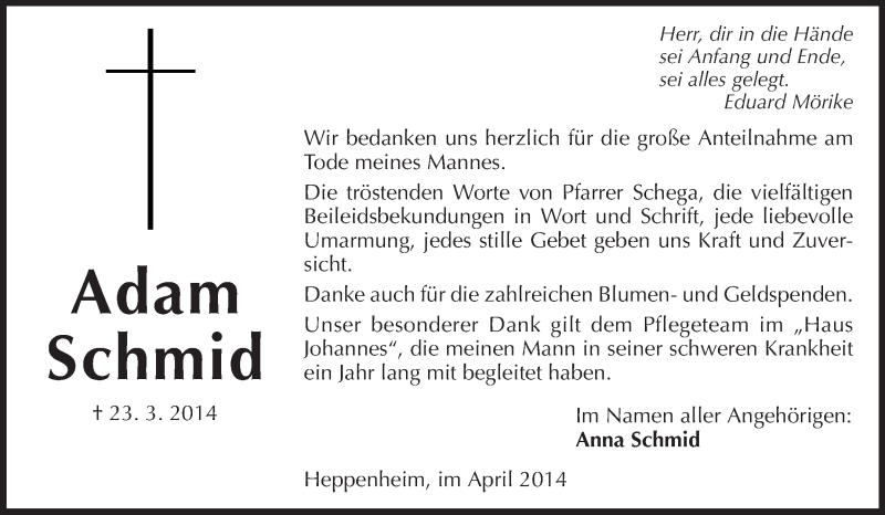  Traueranzeige für Adam Schmid vom 11.04.2014 aus Starkenburger Echo