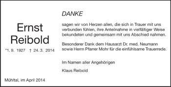 Traueranzeige von Ernst Reibold von Echo-Zeitungen (Gesamtausgabe)