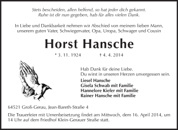 Traueranzeige von Horst Hansche von Rüsselsheimer Echo, Groß-Gerauer-Echo, Ried Echo