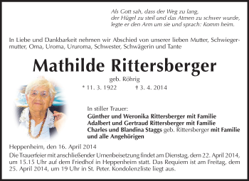 Traueranzeige von Mathilde Rittersberger von Starkenburger Echo