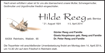 Traueranzeige von Hilde Reeg von Echo-Zeitungen (Gesamtausgabe)