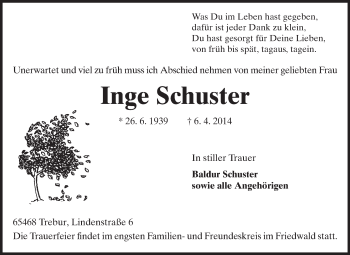 Traueranzeige von Inge Schuster von Rüsselsheimer Echo, Groß-Gerauer-Echo, Ried Echo