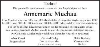 Traueranzeige von Annemarie Muchau von Starkenburger Echo