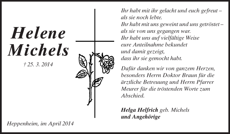  Traueranzeige für Helene Michels vom 14.04.2014 aus Starkenburger Echo