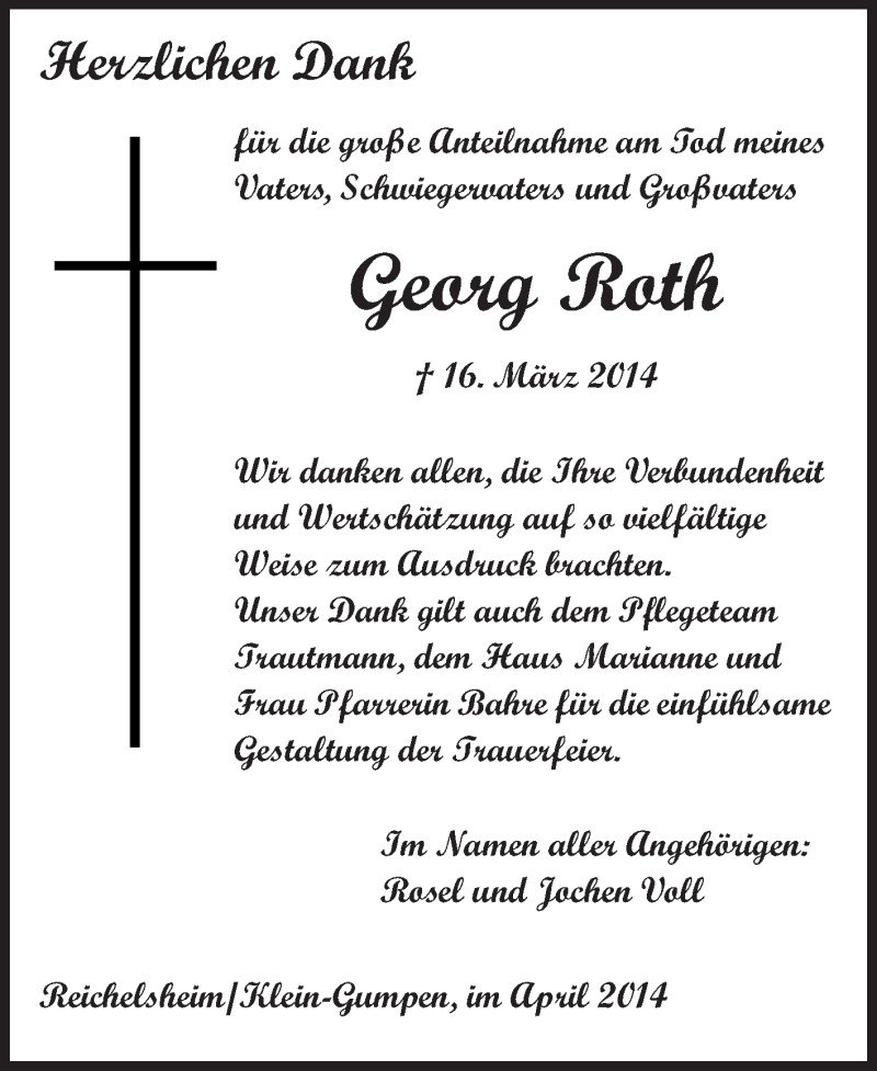  Traueranzeige für Georg Roth vom 12.04.2014 aus Echo-Zeitungen (Gesamtausgabe)