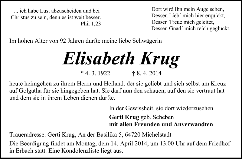  Traueranzeige für Elisabeth Krug vom 11.04.2014 aus Odenwälder Echo