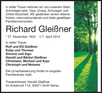 Traueranzeige von Richard Gleißner von Rüsselsheimer Echo, Groß-Gerauer-Echo, Ried Echo
