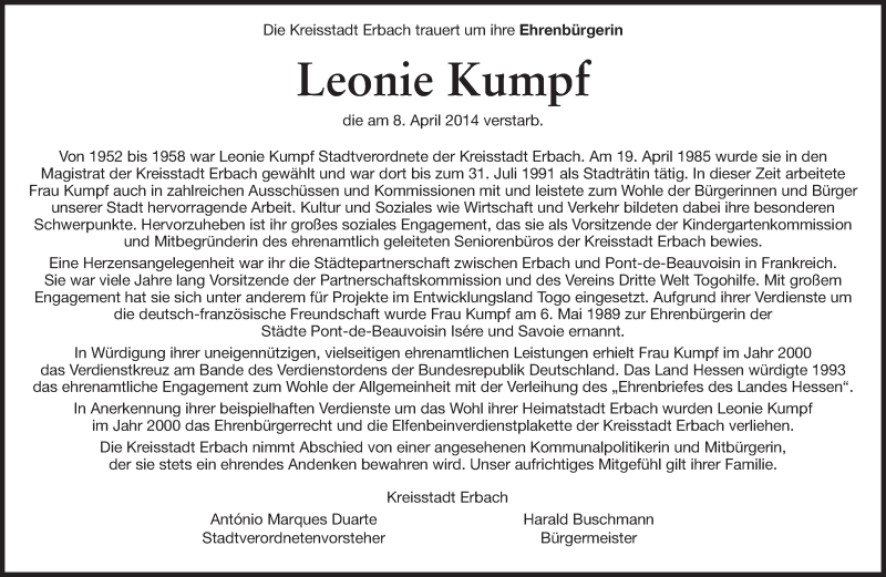  Traueranzeige für Leonie Kumpf vom 12.04.2014 aus Odenwälder Echo