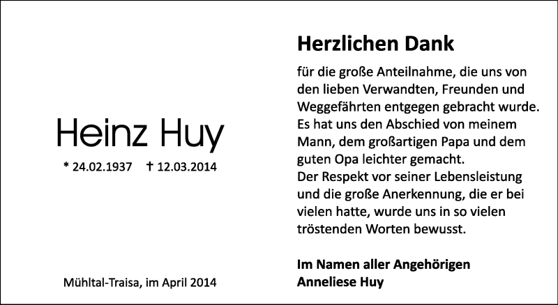  Traueranzeige für Heinz Huy vom 12.04.2014 aus Echo-Zeitungen (Gesamtausgabe)