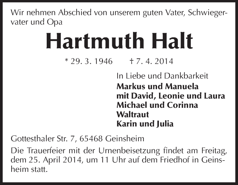  Traueranzeige für Hartmuth Halt vom 22.04.2014 aus Rüsselsheimer Echo, Groß-Gerauer-Echo, Ried Echo