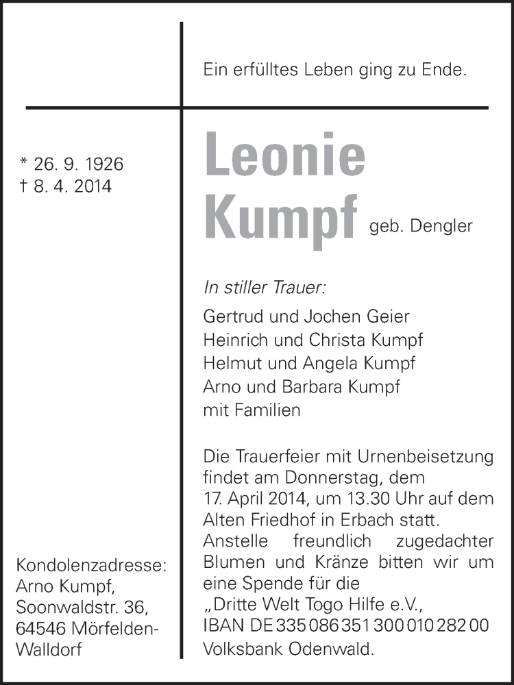  Traueranzeige für Leonie Kumpf vom 12.04.2014 aus Odenwälder Echo