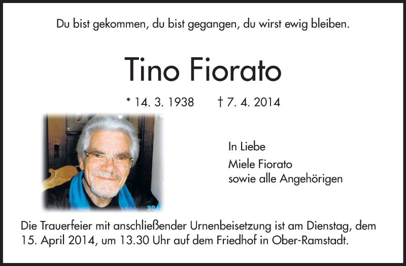  Traueranzeige für Tino Fiorato vom 12.04.2014 aus Echo-Zeitungen (Gesamtausgabe)