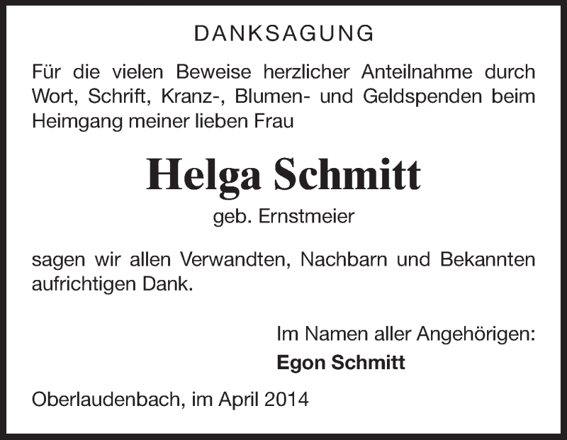 Traueranzeige für Helga Schmitt vom 12.04.2014 aus Starkenburger Echo