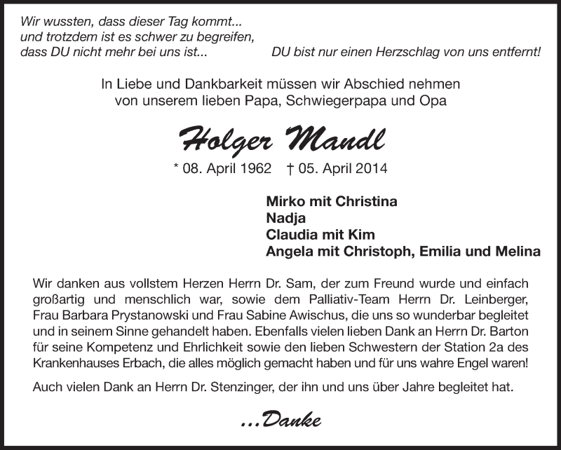  Traueranzeige für Holger Mandl vom 12.04.2014 aus Odenwälder Echo