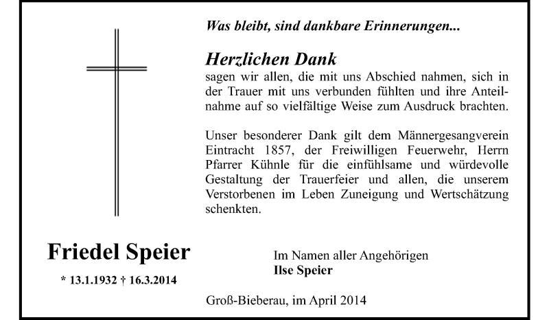  Traueranzeige für Friedel Speier vom 12.04.2014 aus Echo-Zeitungen (Gesamtausgabe)