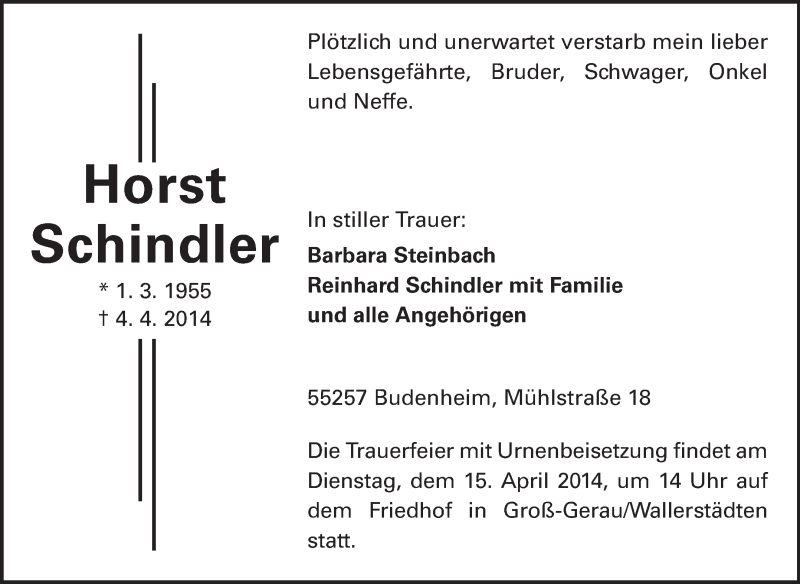  Traueranzeige für Horst Schindler vom 12.04.2014 aus Rüsselsheimer Echo, Groß-Gerauer-Echo, Ried Echo