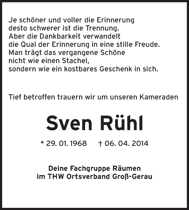  Traueranzeige für Sven Rühl vom 12.04.2014 aus Rüsselsheimer Echo, Groß-Gerauer-Echo, Ried Echo