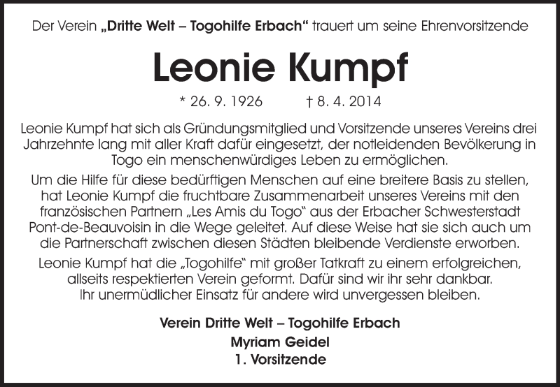  Traueranzeige für Leonie Kumpf vom 12.04.2014 aus Odenwälder Echo