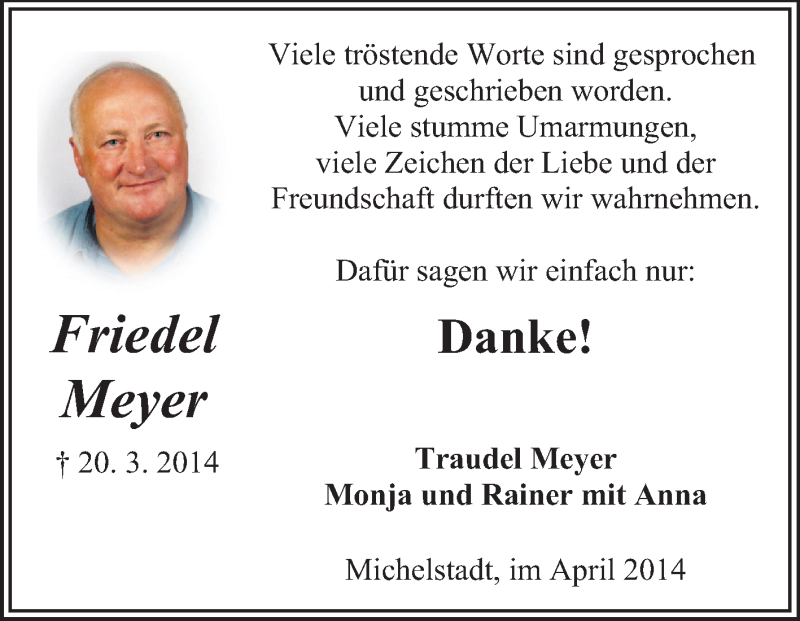  Traueranzeige für Friedel Meyer vom 12.04.2014 aus Odenwälder Echo