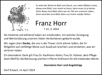Traueranzeige von Franz Horr von Odenwälder Echo