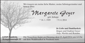Traueranzeige von Margarete Geyer von Rüsselsheimer Echo, Groß-Gerauer-Echo, Ried Echo