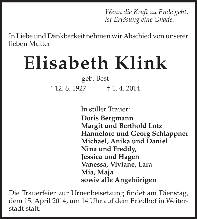  Traueranzeige für Elisabeth Klink vom 12.04.2014 aus Echo-Zeitungen (Gesamtausgabe)