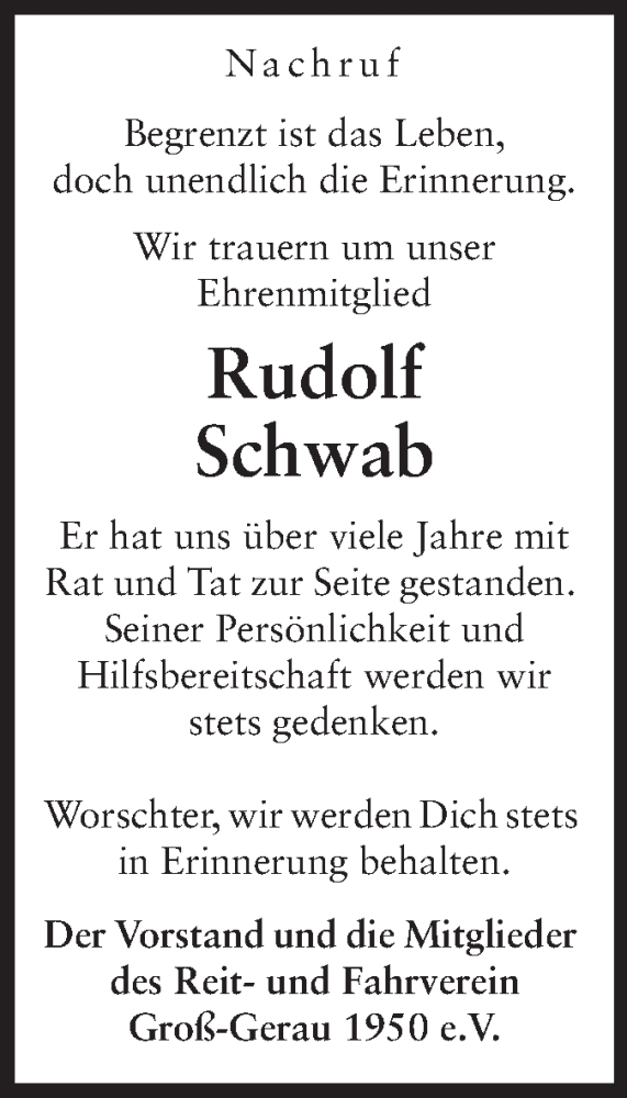  Traueranzeige für Rudolf Schwab vom 12.04.2014 aus Rüsselsheimer Echo, Groß-Gerauer-Echo, Ried Echo