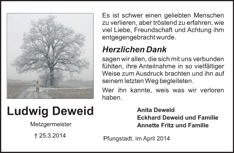  Traueranzeige für Ludwig Deweid vom 12.04.2014 aus Echo-Zeitungen (Gesamtausgabe)