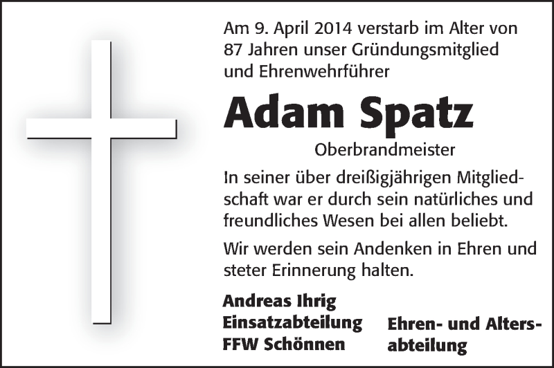  Traueranzeige für Adam Spatz vom 14.04.2014 aus Odenwälder Echo