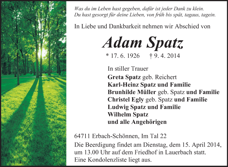  Traueranzeige für Adam Spatz vom 12.04.2014 aus Odenwälder Echo