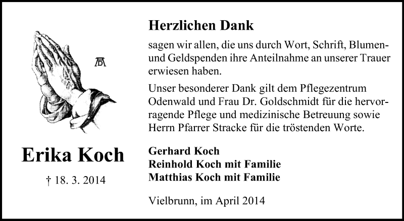  Traueranzeige für Erika Koch vom 19.04.2014 aus Odenwälder Echo