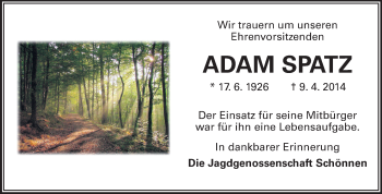 Traueranzeige von Adam Spatz von Odenwälder Echo